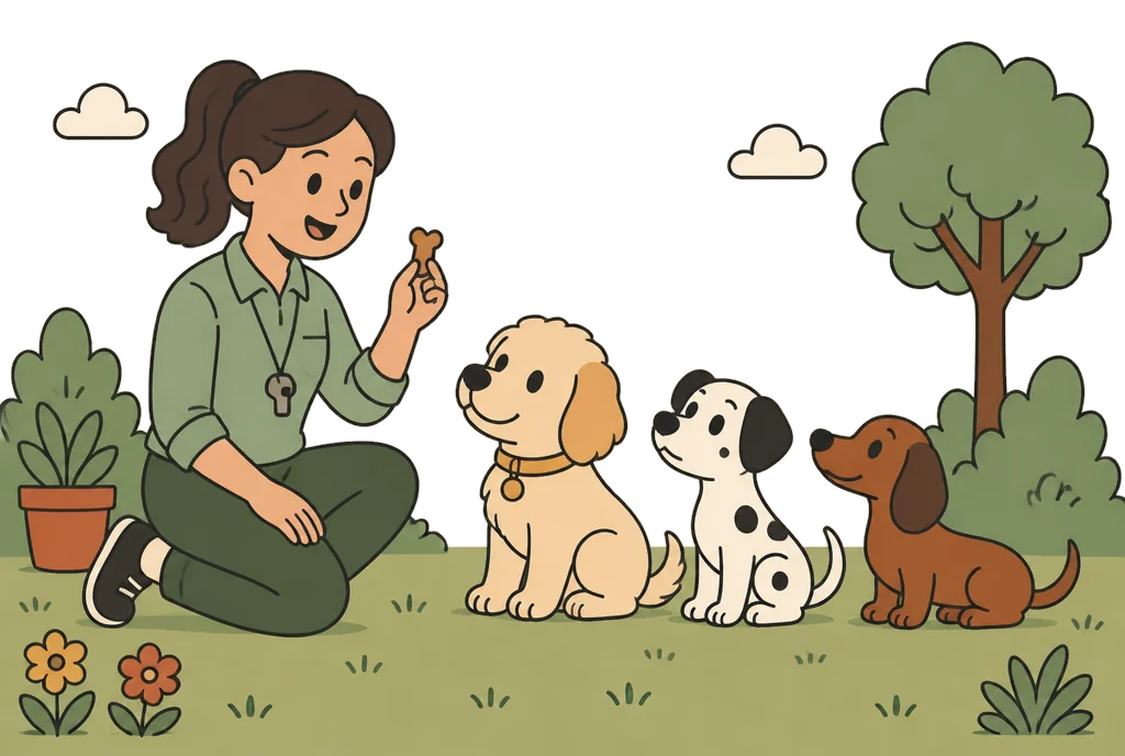 Trainer met drie puppy's in de puppyklas